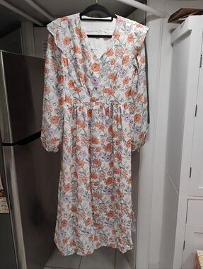 Floral Midi Dress with Sleeves - White with Orange & Lavender Flowers